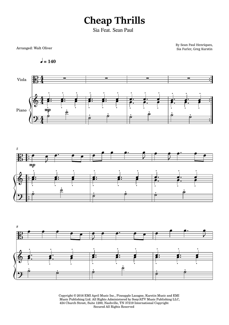 Cheap Thrills (Feat. Sean Paul) Viola scores gallery preview page 1