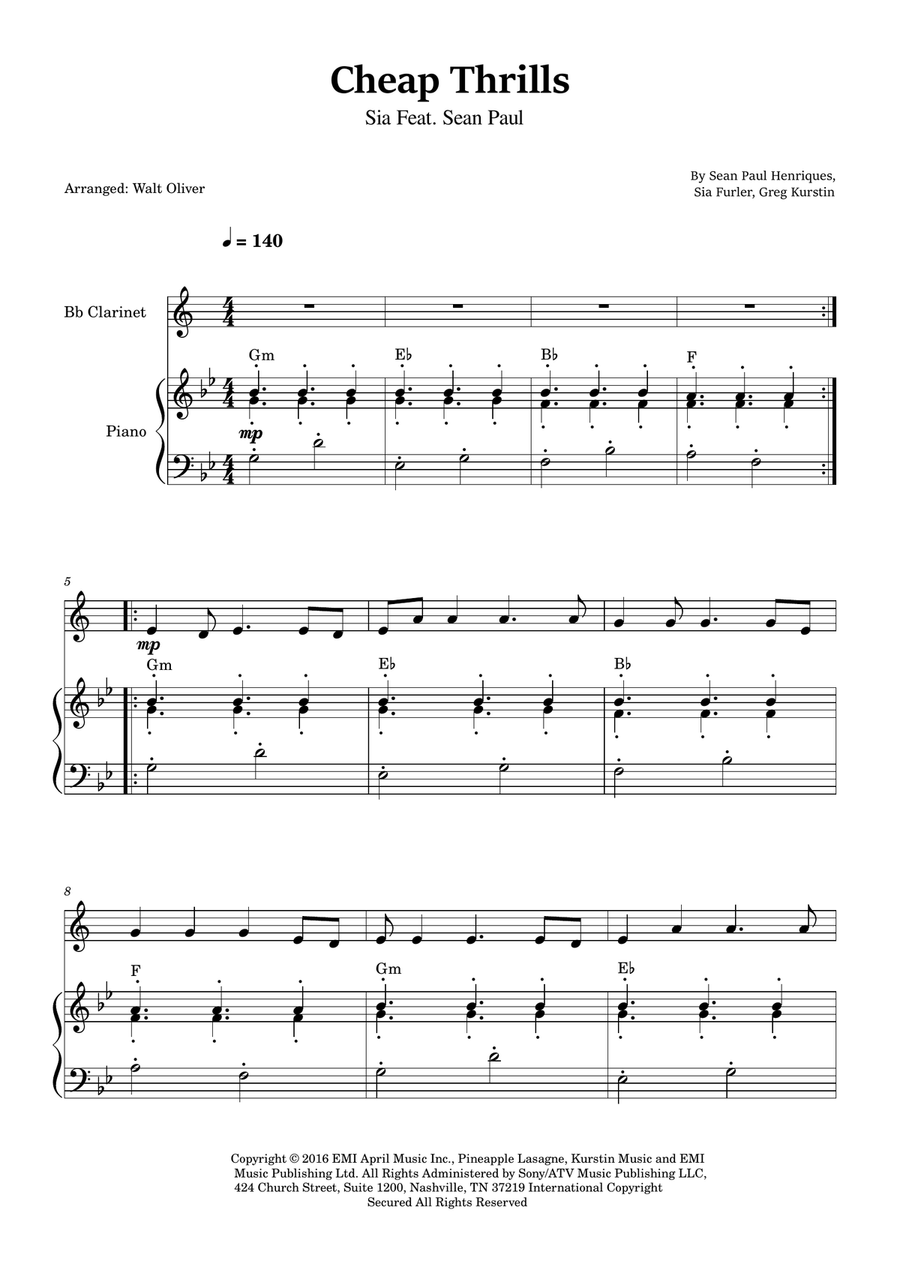Cheap Thrills (Feat. Sean Paul) B-Flat Clarinet scores gallery preview page 1