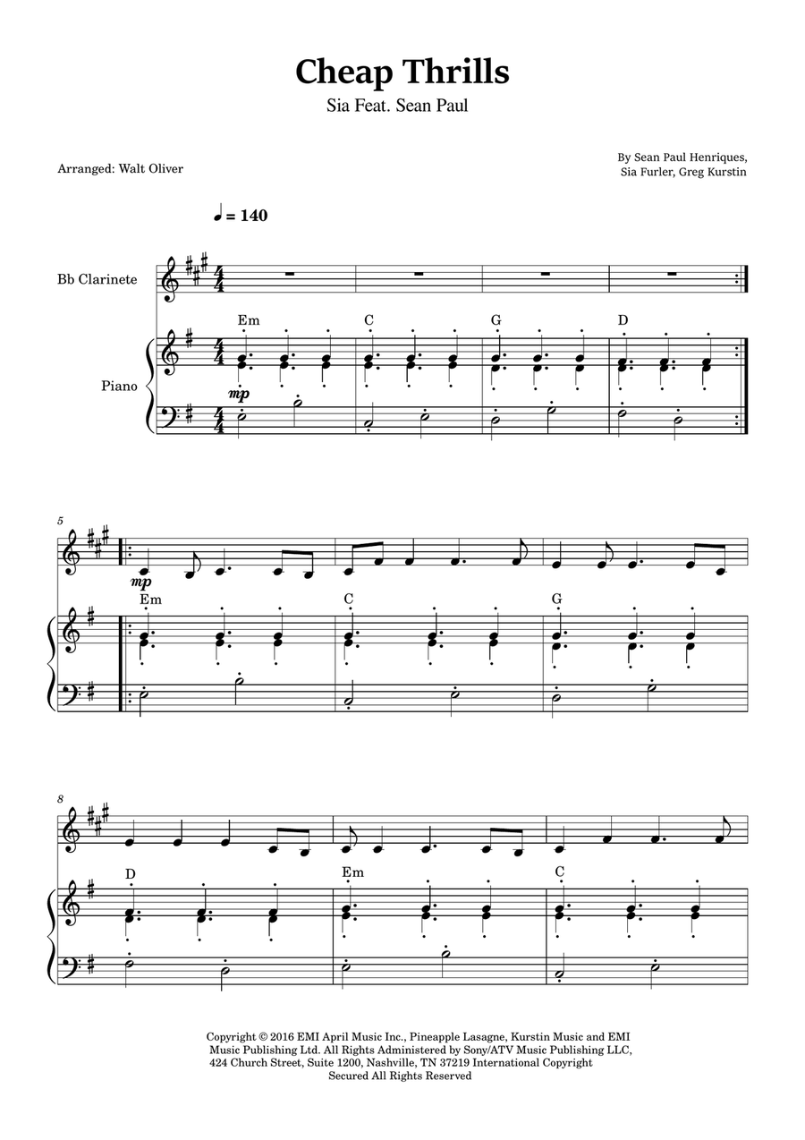 Cheap Thrills (Feat. Sean Paul) B-Flat Clarinet scores gallery preview page 1