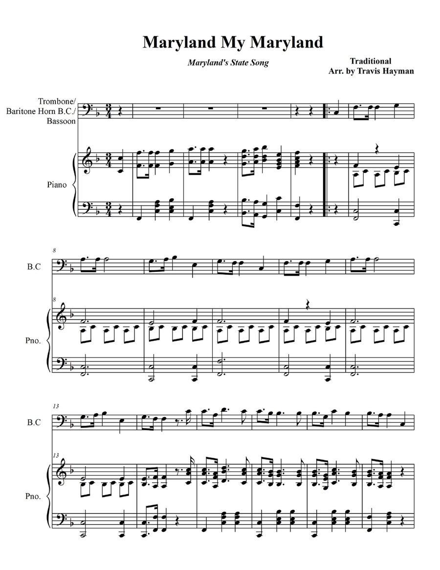 Maryland My Maryland - for Trombone/Baritone Horn B.C./Bassoon with Piano Accompaniment Bassoon scores gallery preview page 3