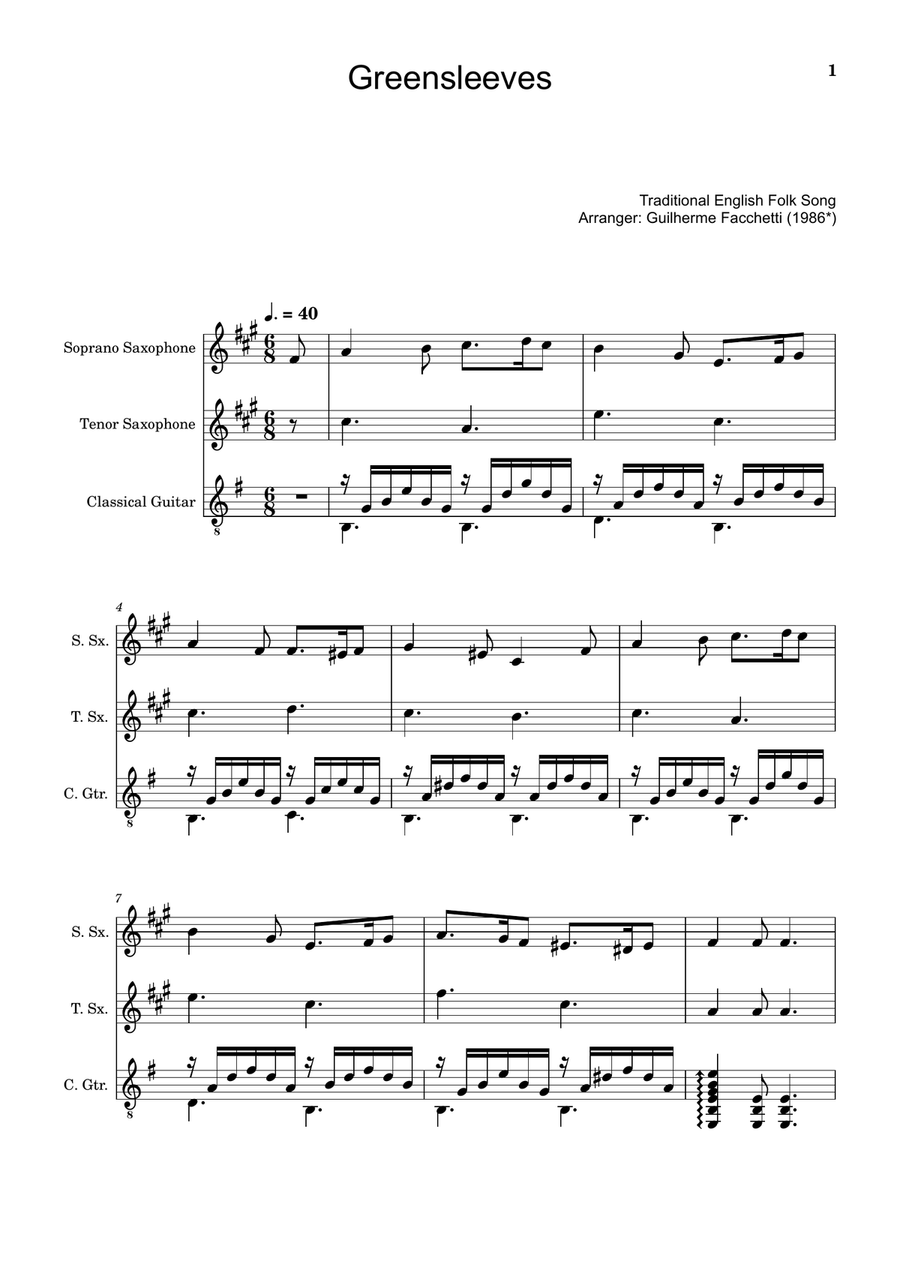 Greensleeves - S. Sax., T. Sax. and Guitar. Score and Parts. Small Ensemble scores gallery preview page 1
