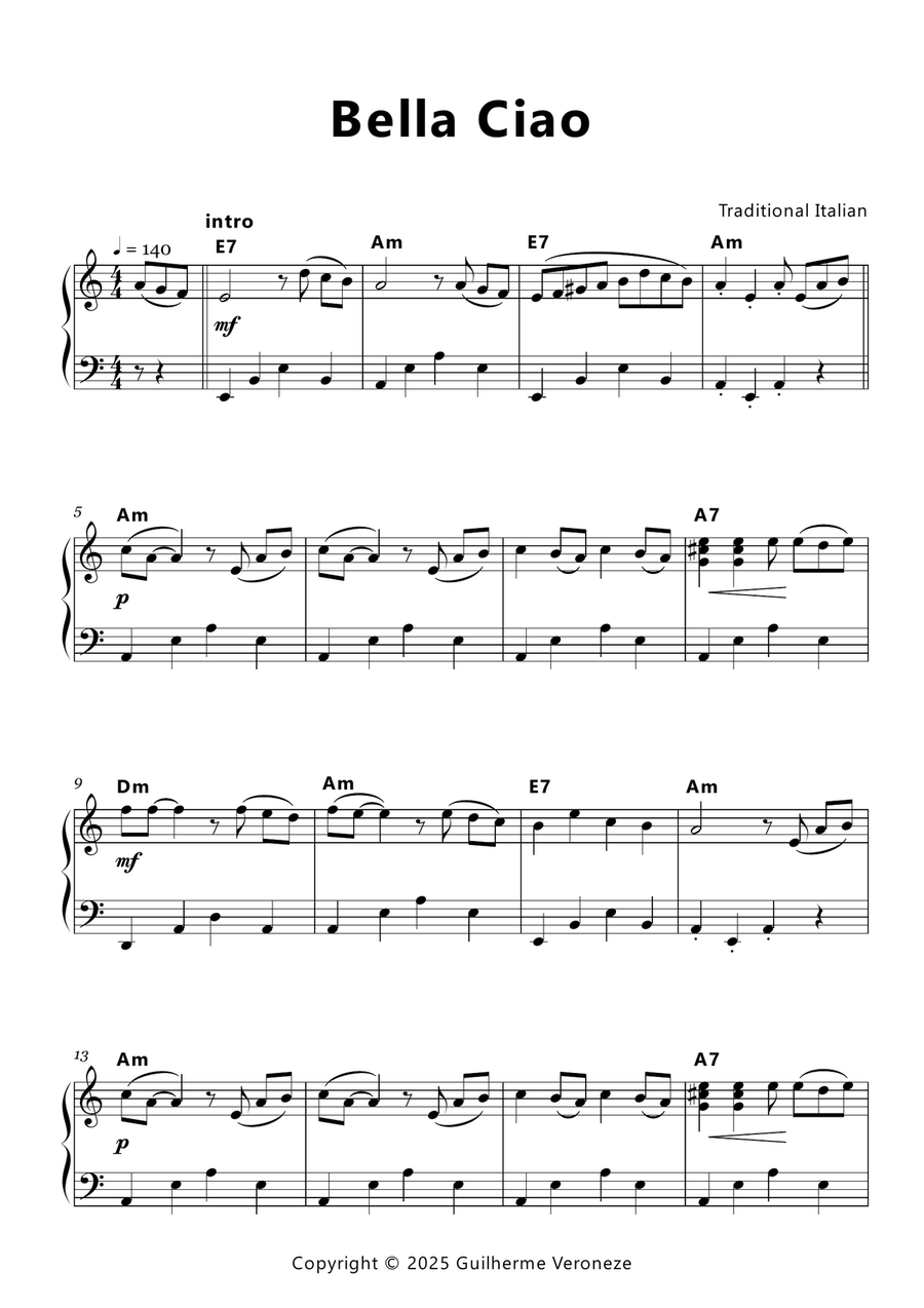 Bella Ciao (easy left hand) Easy Piano scores gallery preview page 1
