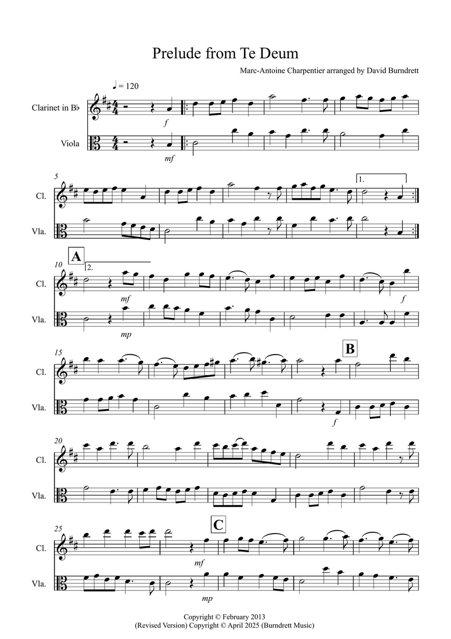 Prelude from Te Deum for Clarinet and Viola Duet B-Flat Clarinet scores gallery preview page 1