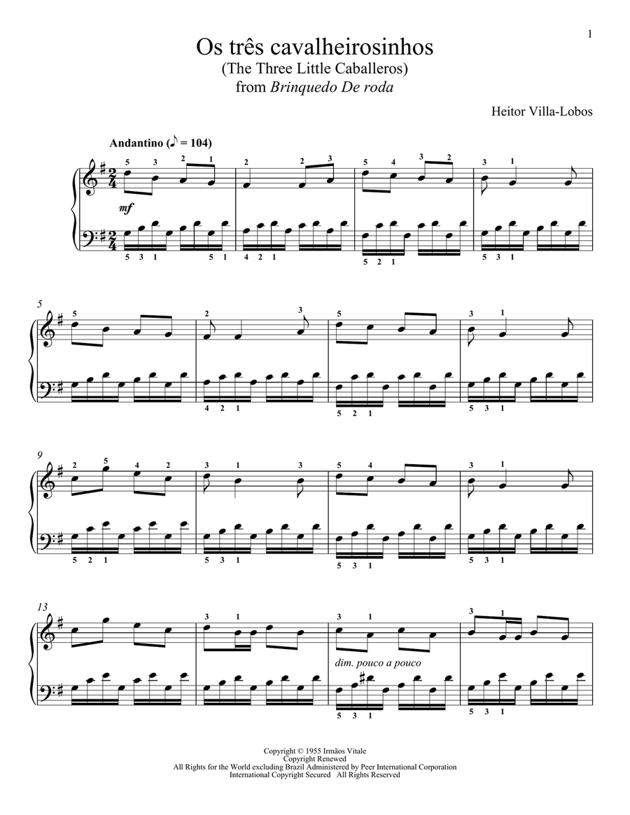 Os Tres Cavalheirosinhos (The Three Little Caballeros) Piano Solo scores gallery preview page 1