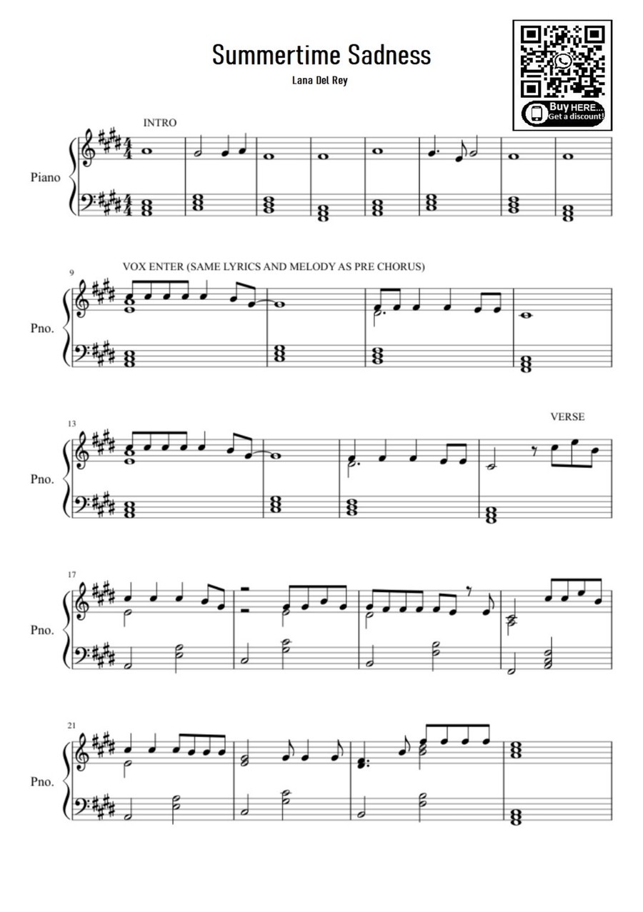 Summertime Sadness Summertime Sadness Easy Piano scores gallery preview page 1