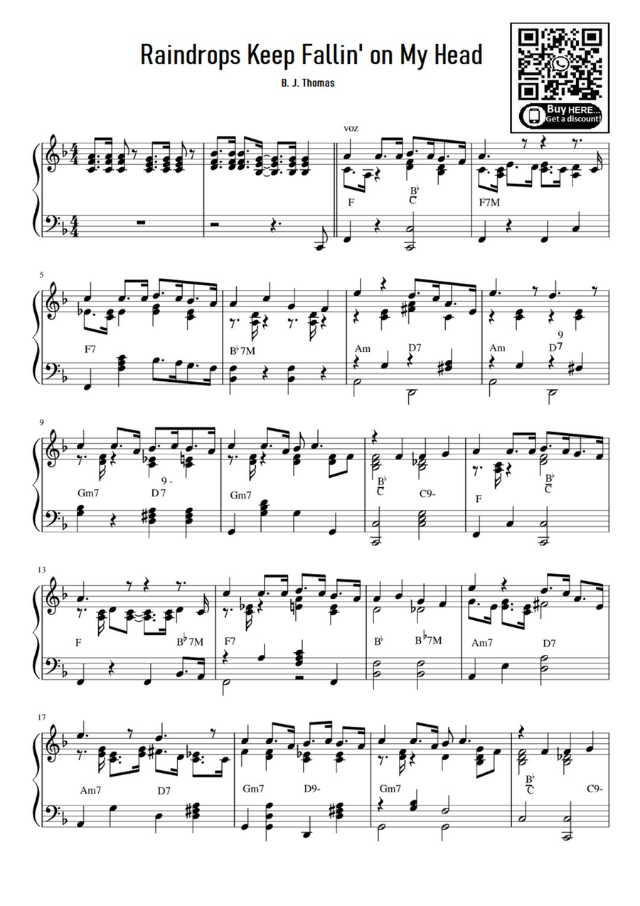 Raindrops Keep Fallin' On My Head Easy Piano scores gallery preview page 1