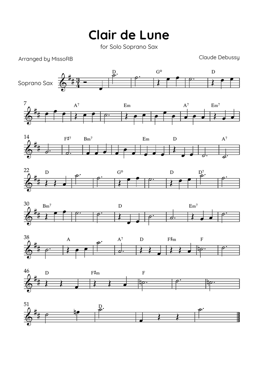 Claire de Lune - Solo Soprano Sax in C Major With Chords - Beginner Soprano Saxophone scores gallery preview page 1
