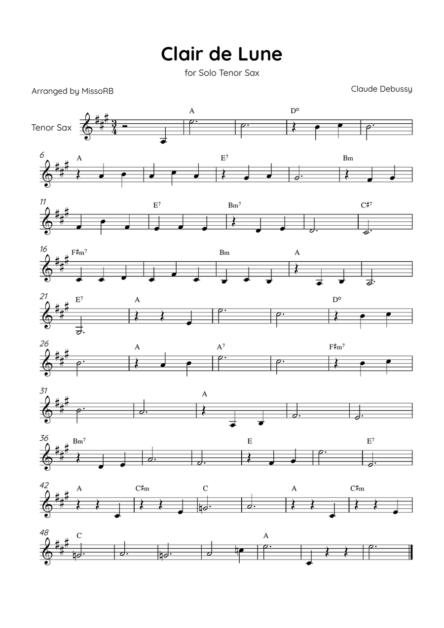 Claire de Lune - Solo Tenor Sax in G Major With Chords - Beginner Tenor Saxophone scores gallery preview page 1