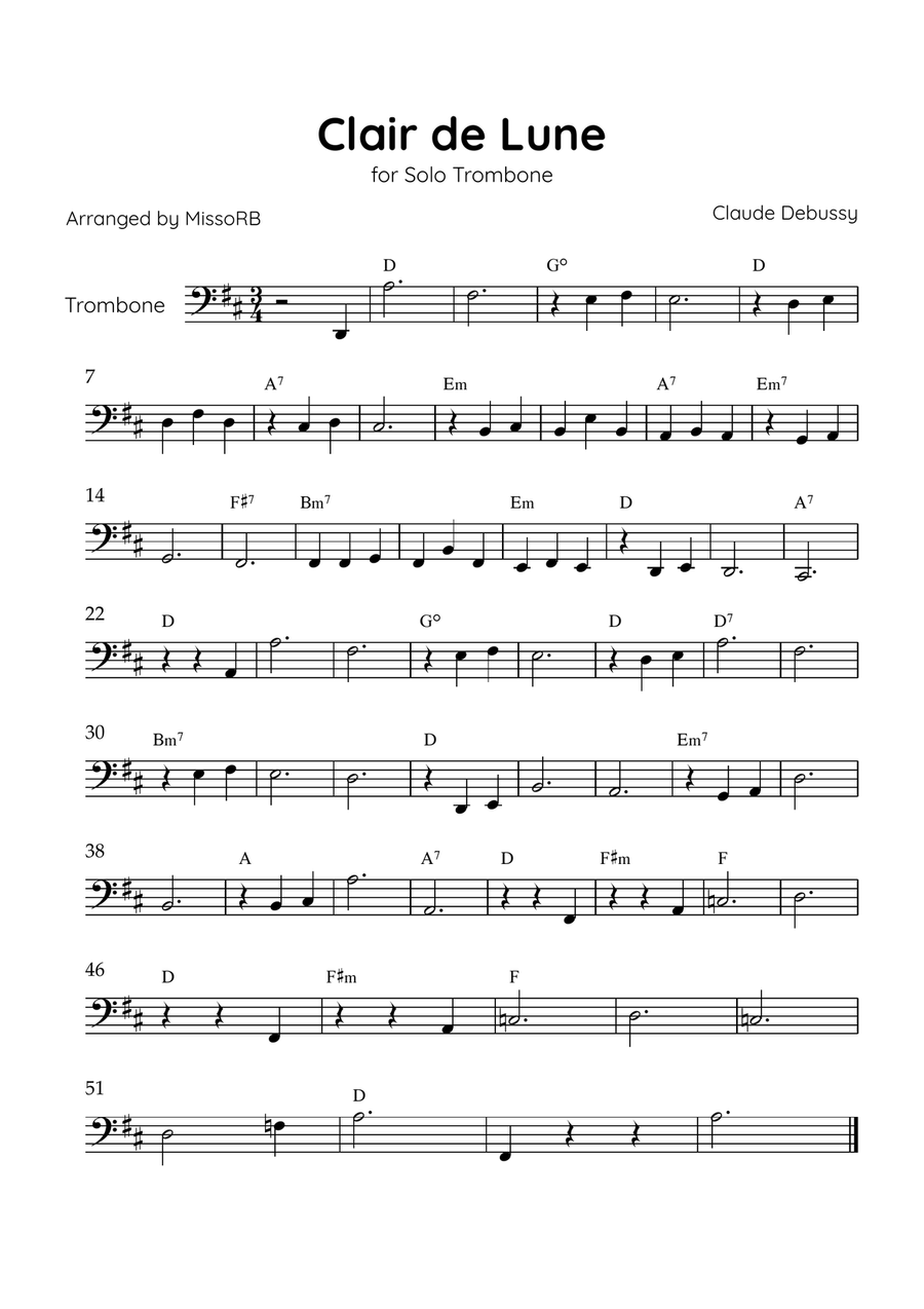 Claire de Lune - Solo Trombone in D Major With Chords - Beginner Trombone Solo scores gallery preview page 1