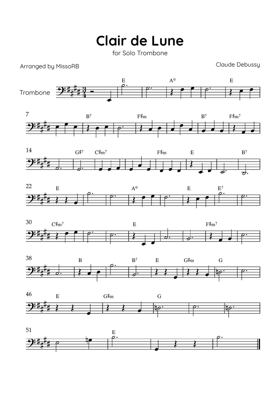 Claire de Lune - Solo Trombone in E Major With Chords - Beginner Trombone Solo scores gallery preview page 1