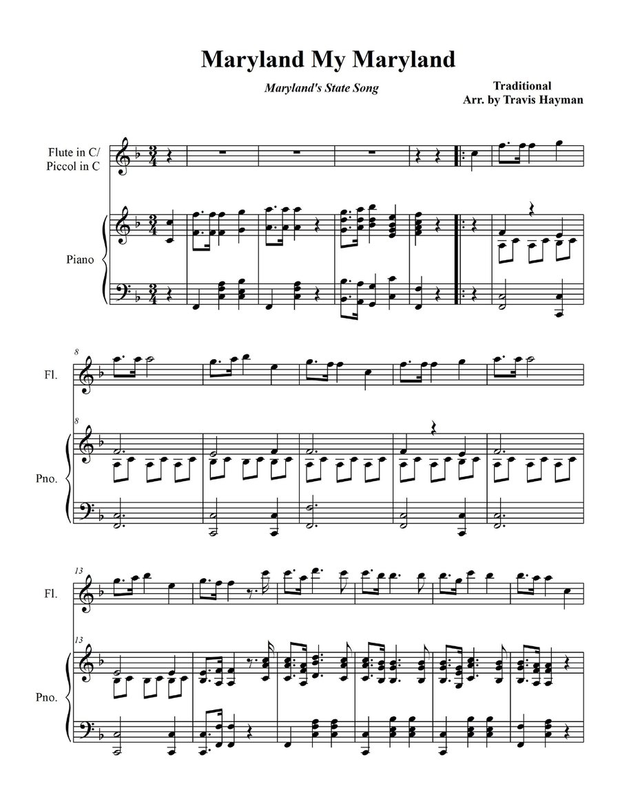 Maryland My Maryland - for Flute in C/Piccolo in C with Piano Accompaniment Flute scores gallery preview page 3
