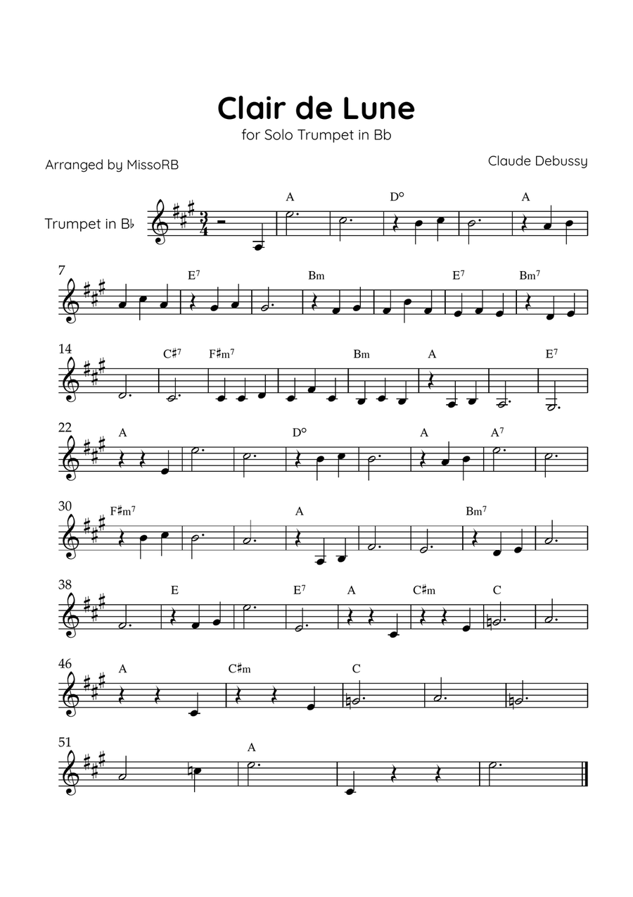 Claire de Lune - Solo Trumpet in G Major With Chords - Beginner Trumpet Solo scores gallery preview page 1
