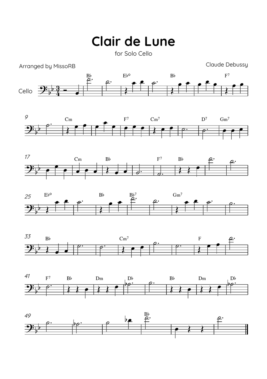Claire de Lune - Solo Cello in Bb Major With Chords - Beginner Cello Solo scores gallery preview page 1