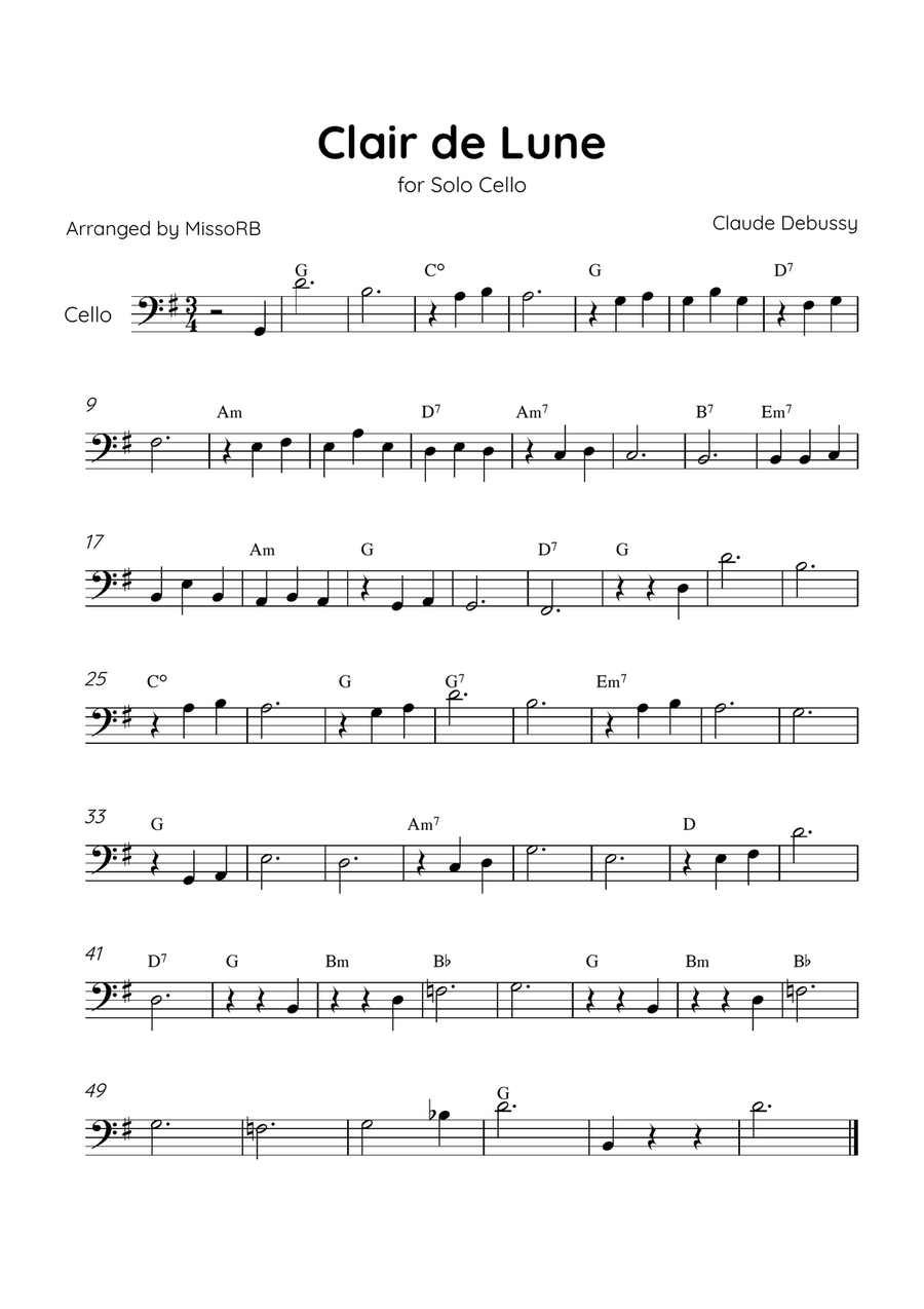 Claire de Lune - Solo Cello in G Major With Chords - Beginner Cello Solo scores gallery preview page 1