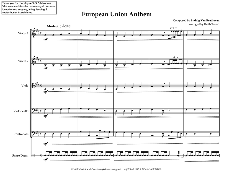 European Union & Council of Europe Anthem (Ode to Joy) for String Orchestra & (opt. Snare drum) String Orchestra scores gallery preview page 2