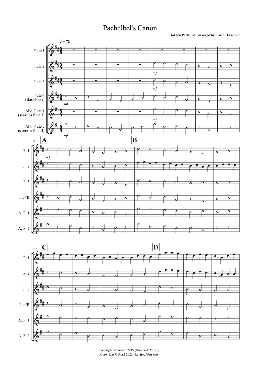 Pachelbel's Canon for Beginning Flute Quartet Flute Quartet scores gallery preview page 1
