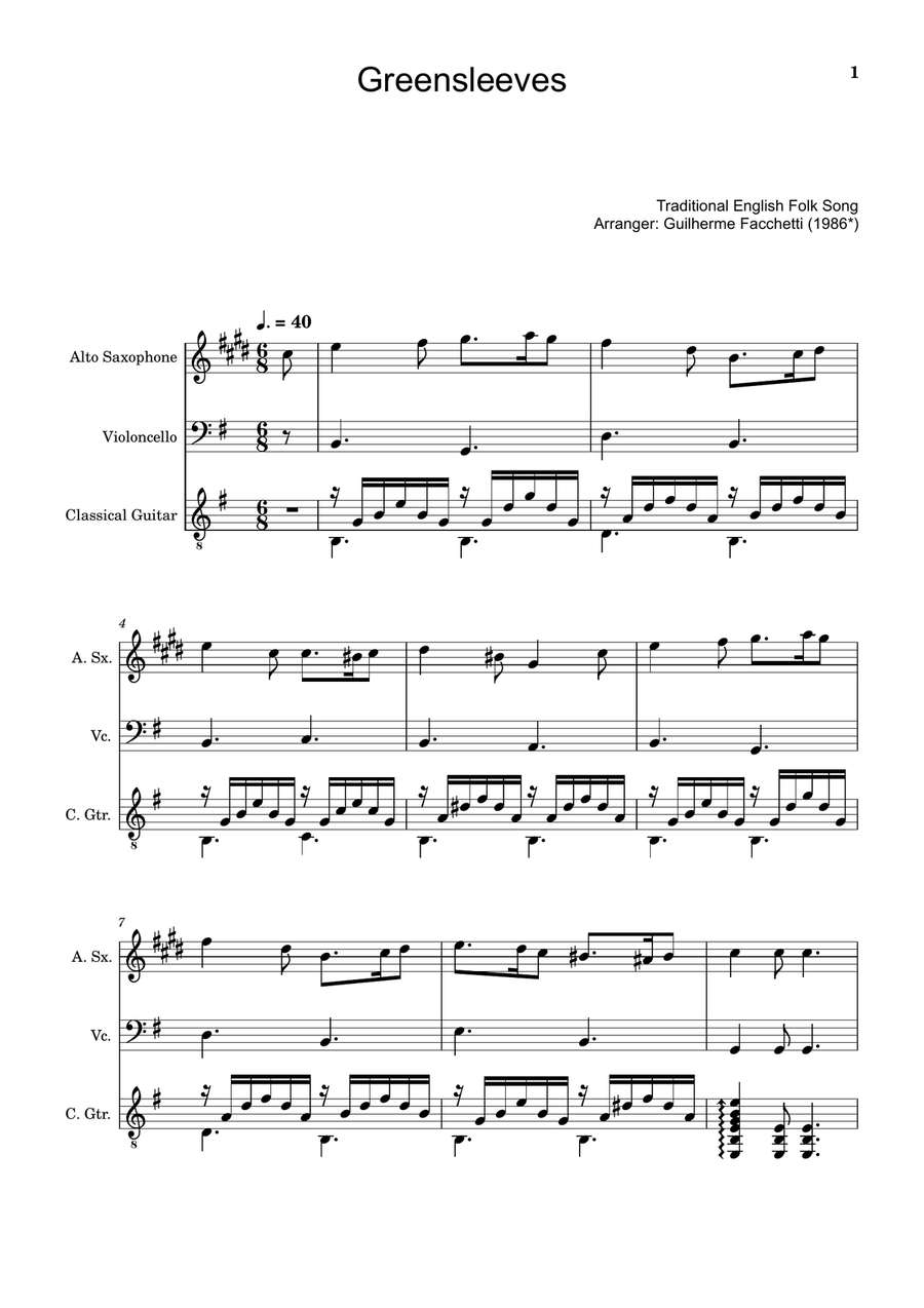 Greensleeves - A. Sax., Cello and Guitar. Score and Parts. Small Ensemble scores gallery preview page 1