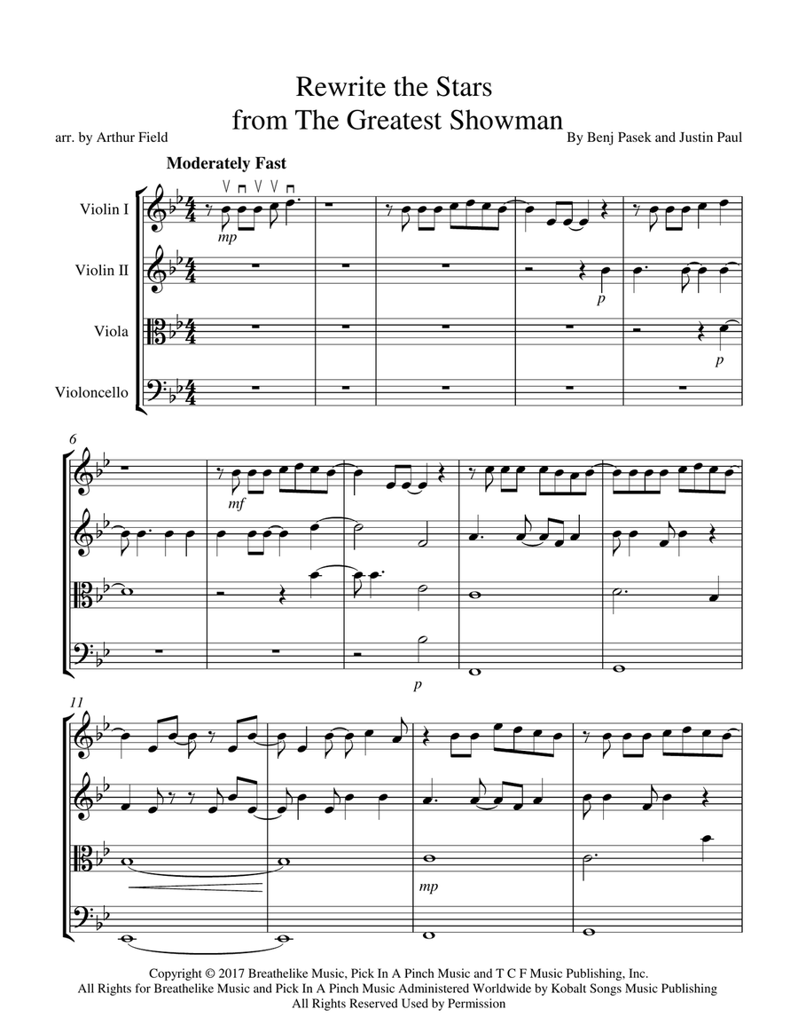 Rewrite The Stars String Quartet scores gallery preview page 1