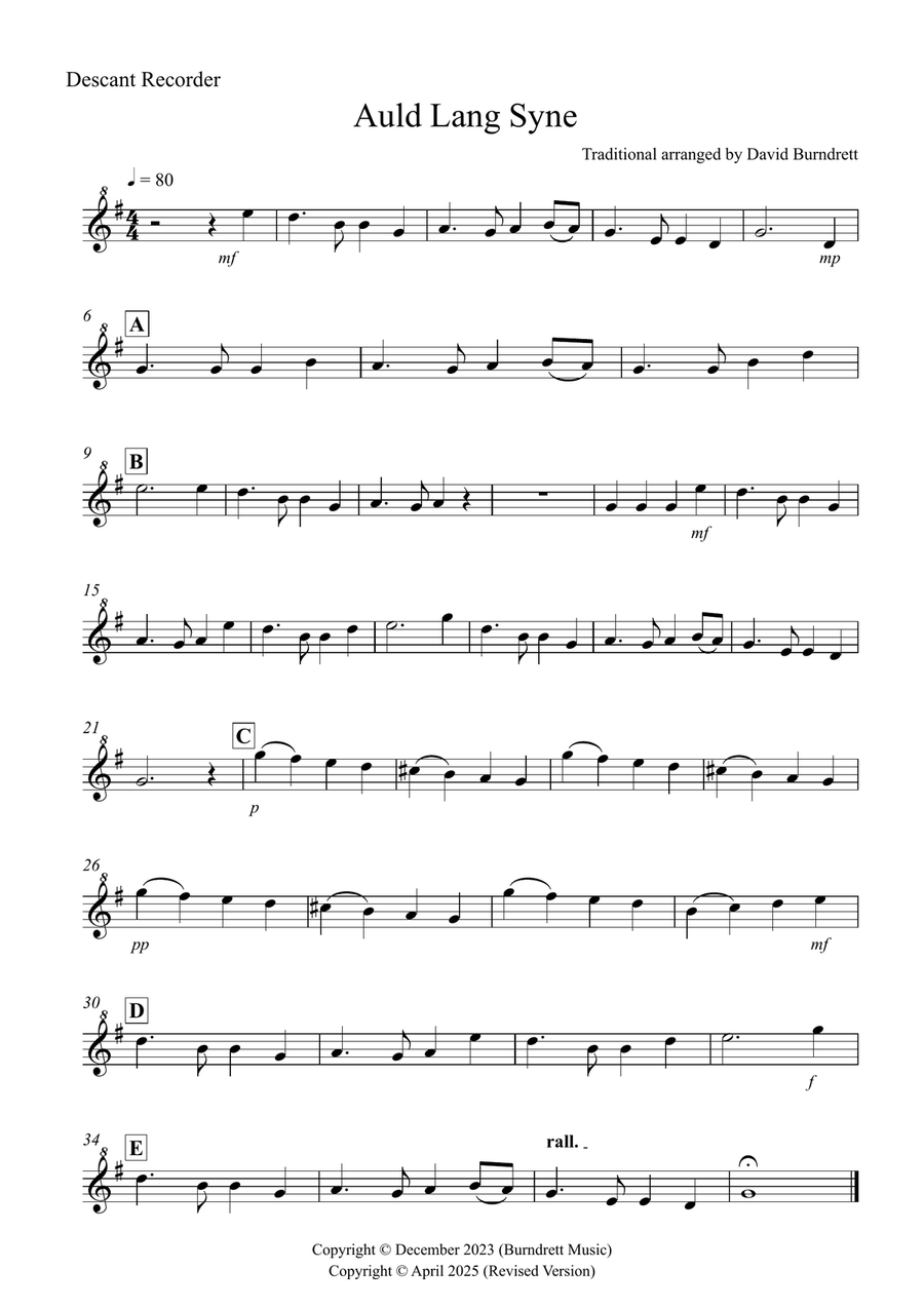 Auld Lang Syne for Descant Recorder and Tuba Duet Soprano Recorder scores gallery preview page 4