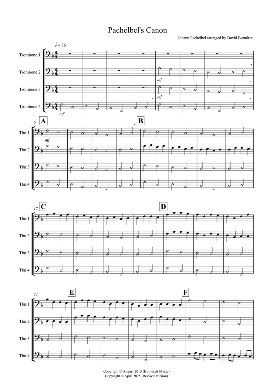 Pachelbel's Canon for Trombone Quartet Trombone Quartet scores gallery preview page 1