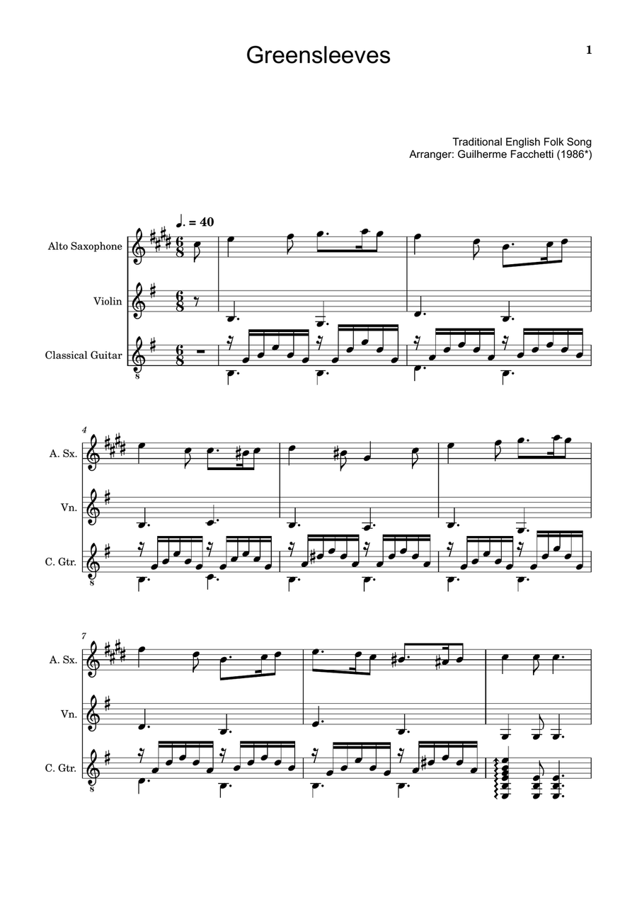 Greensleeves - A. Sax., Violin and Guitar. Score and Parts. Small Ensemble scores gallery preview page 1