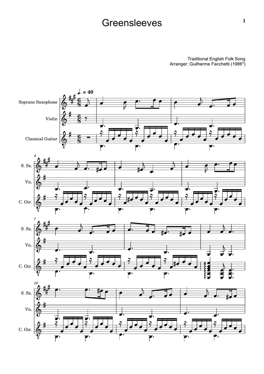 Greensleeves - S. Sax., Violin and Guitar. Score and Parts. Small Ensemble scores gallery preview page 1