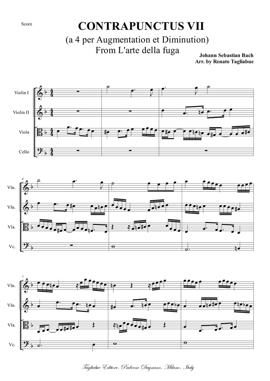 Bach J.S. CONTRAPUNCTUS VII (a 4 per Augmentat. et Diminut.). Arr. for String Quartet String Quartet scores gallery preview page 1