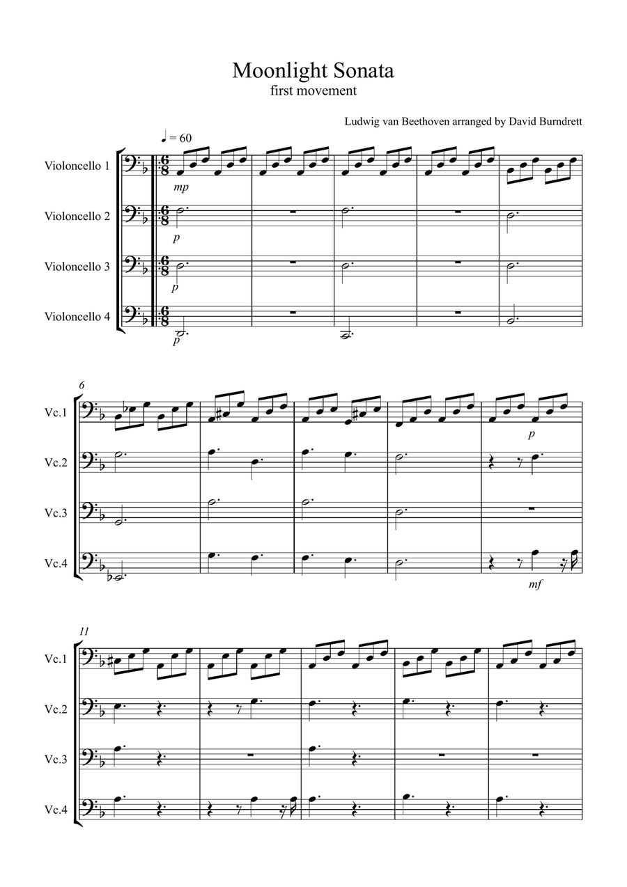 Moonlight Sonata for (1st movement) for Beginner and Advanced Cello Quartet Small Ensemble scores gallery preview page 1