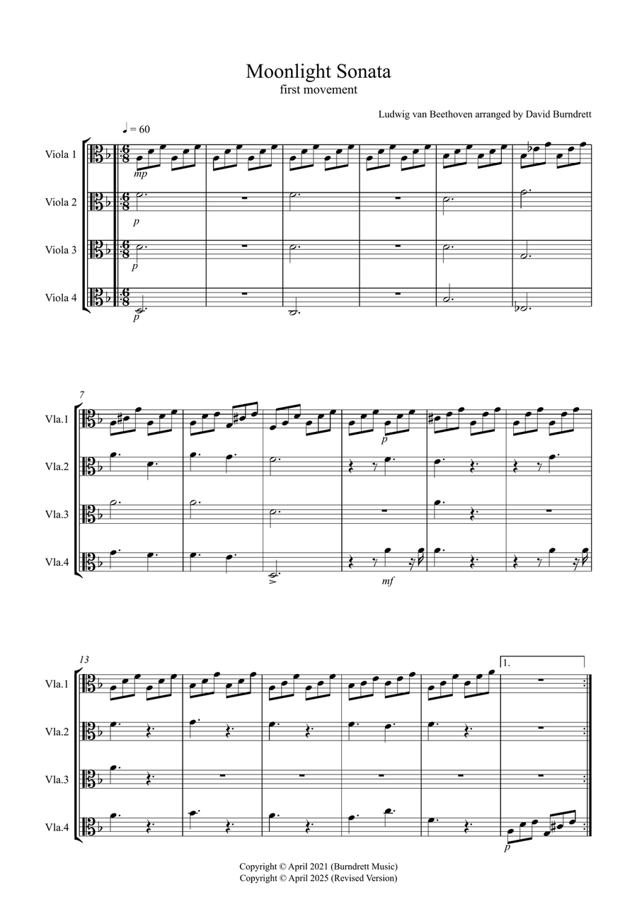 Moonlight Sonata for (1st movement) for Beginner and Advanced Viola Quartet Small Ensemble scores gallery preview page 1