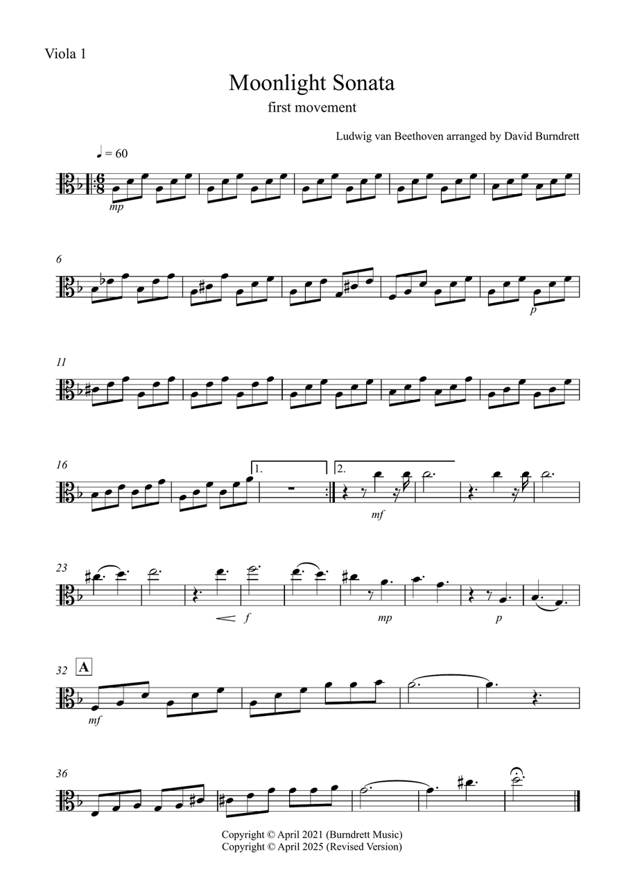 Moonlight Sonata for (1st movement) for Beginner and Advanced Viola Quartet Small Ensemble scores gallery preview page 3