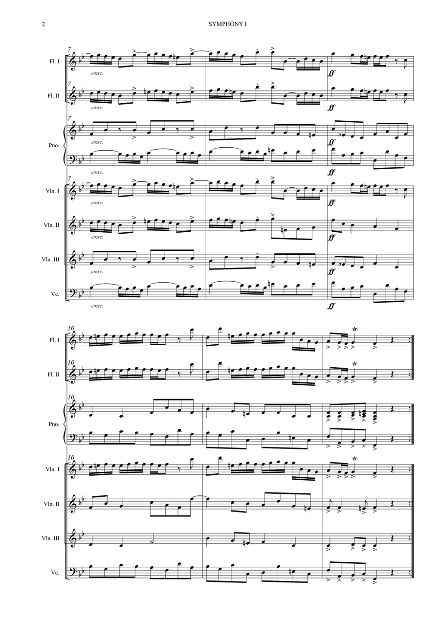 William Boyce – Symphony No. 1 (Easy String Quartet + Flute 1, 2 + Piano) Small Ensemble scores gallery preview page 2
