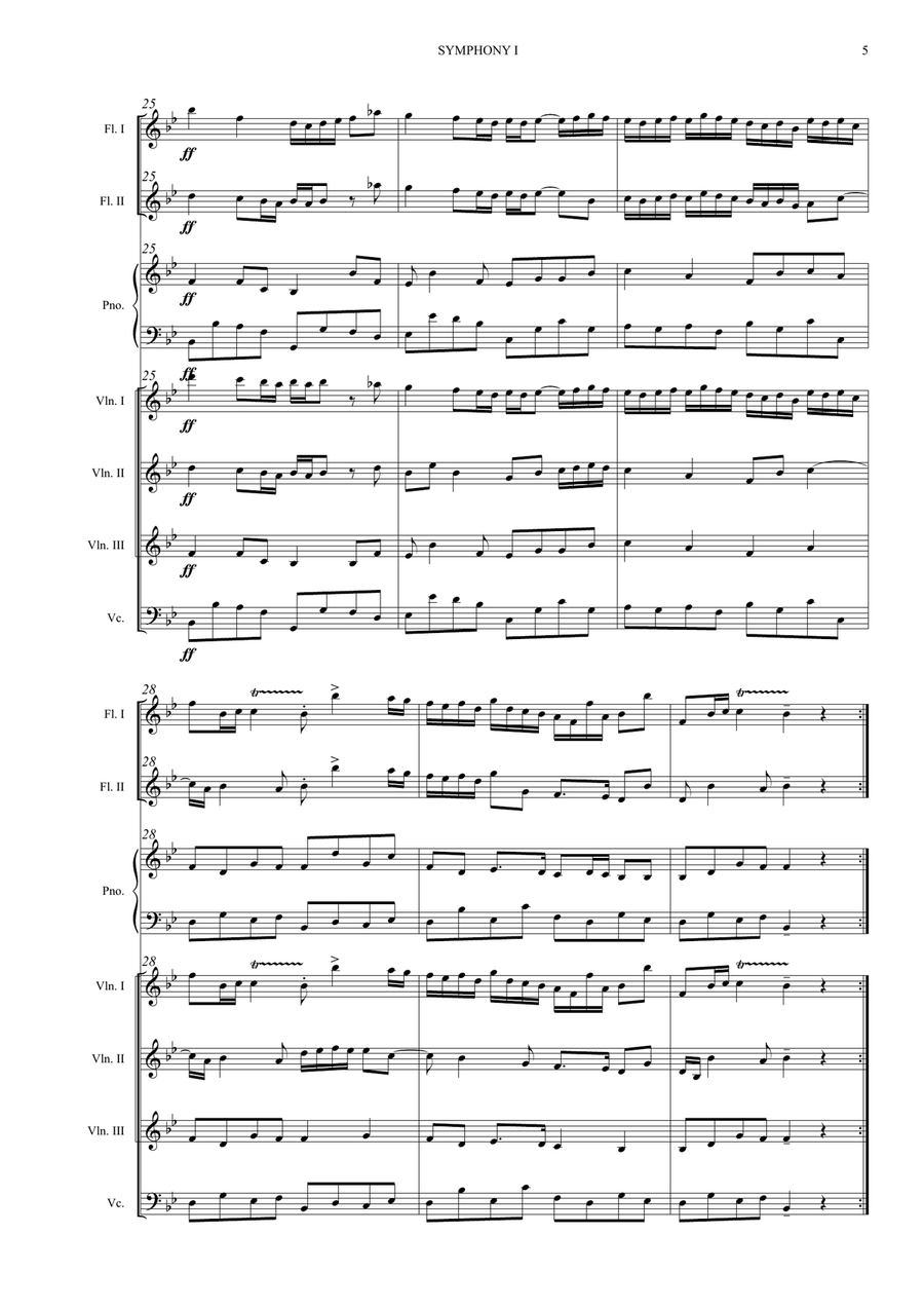 William Boyce – Symphony No. 1 (Easy String Quartet + Flute 1, 2 + Piano) Small Ensemble scores gallery preview page 5