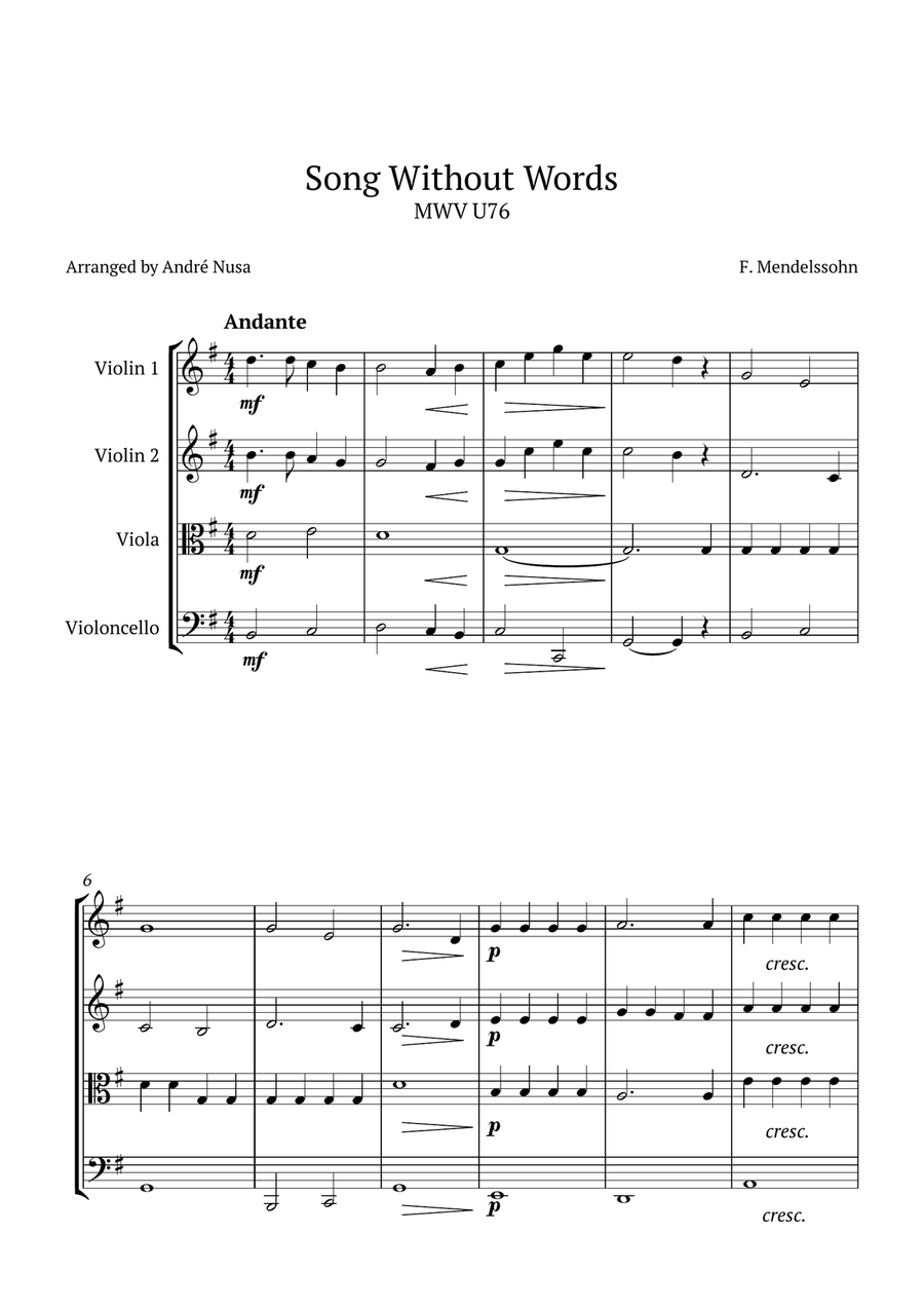 Song Without Words MWV U76 String Quartet scores gallery preview page 1