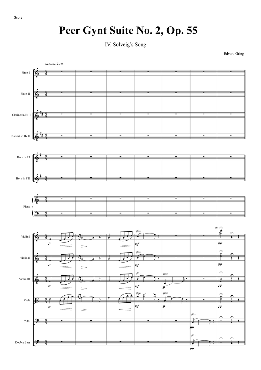 Solveig’s Song – Small Orchestra Arrangement Chamber Orchestra scores gallery preview page 1