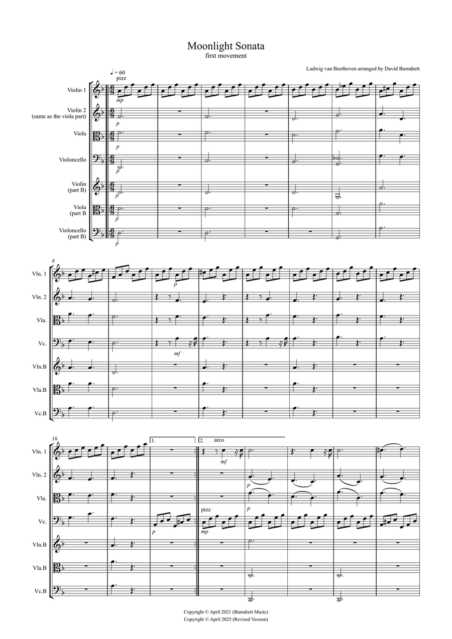 Moonlight Sonata for (1st movement) for Beginner and Advanced String Quartet String Quartet scores gallery preview page 1