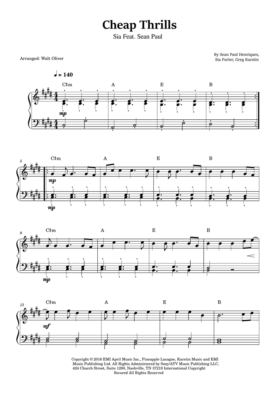 Cheap Thrills (Feat. Sean Paul) Easy Piano scores gallery preview page 1