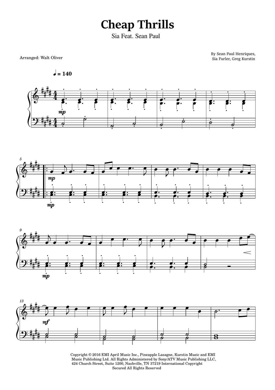 Cheap Thrills (Feat. Sean Paul) Easy Piano scores gallery preview page 1