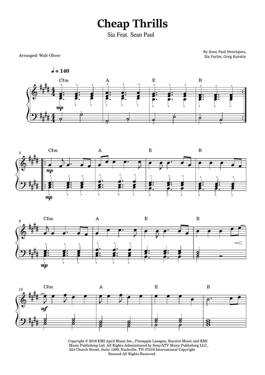 Cheap Thrills (Feat. Sean Paul) Easy Piano scores gallery preview page 1