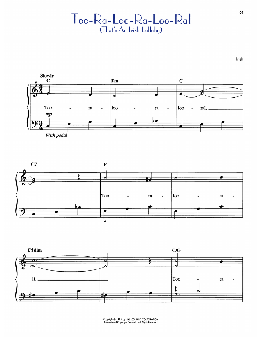Too-Ra-Loo-Ra-Loo-Ral (That's An Irish Lullaby) Easy Piano scores gallery preview page 1
