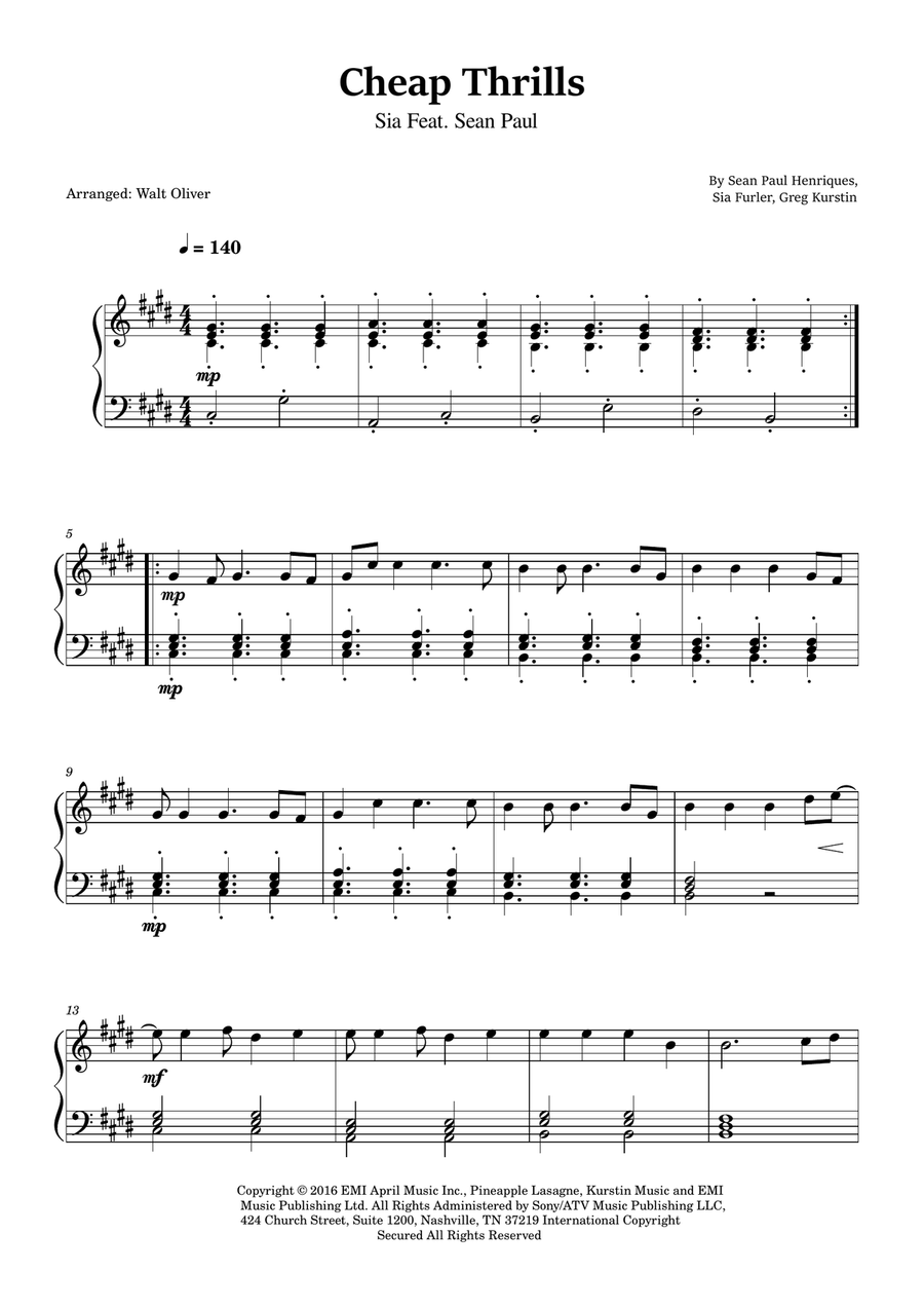 Cheap Thrills (Feat. Sean Paul) Easy Piano scores gallery preview page 1