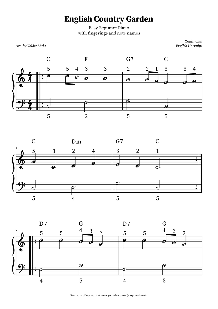 English Country Garden – Easy Beginner Piano Sheet Music with Note Names and Fingerings Easy Piano scores gallery preview page 1
