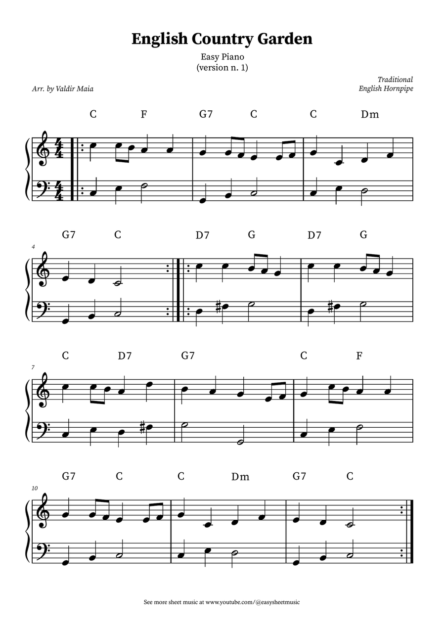 English Country Garden – Easy Piano Sheet Music (Version 1) Easy Piano scores gallery preview page 1