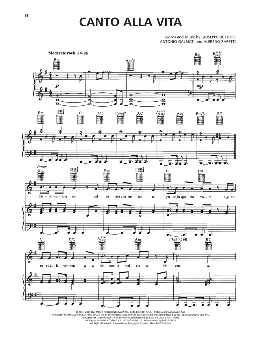 Canto Alla Vita Canto Alla Vita Piano, Vocal, Guitar scores gallery preview page 1