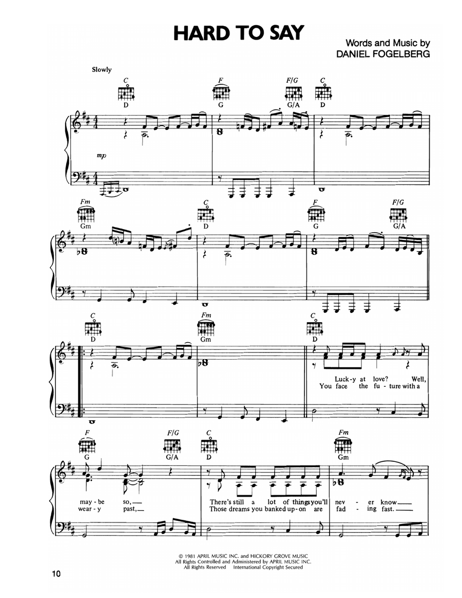 Hard To Say Hard To Say Piano, Vocal, Guitar scores gallery preview page 1