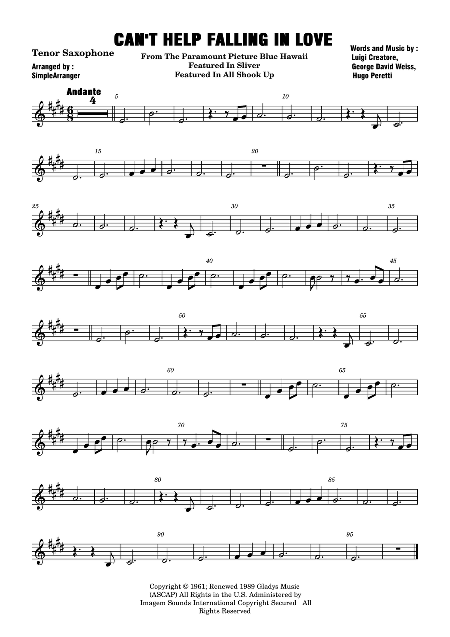 Can't Help Falling In Love Tenor Saxophone scores gallery preview page 1