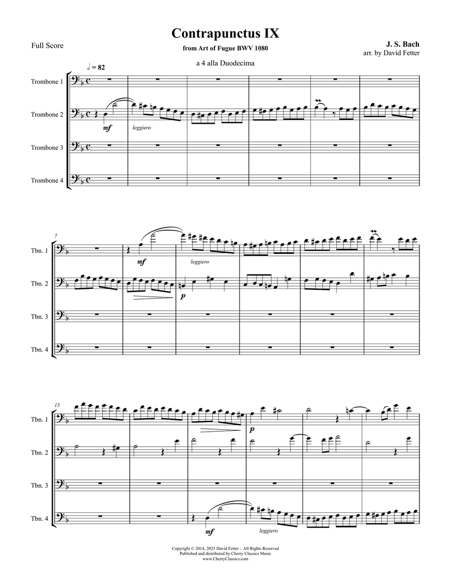 Contrapunctus IX for Trombone Quartet from The Art of Fugue Brass Quartet scores gallery preview page 1