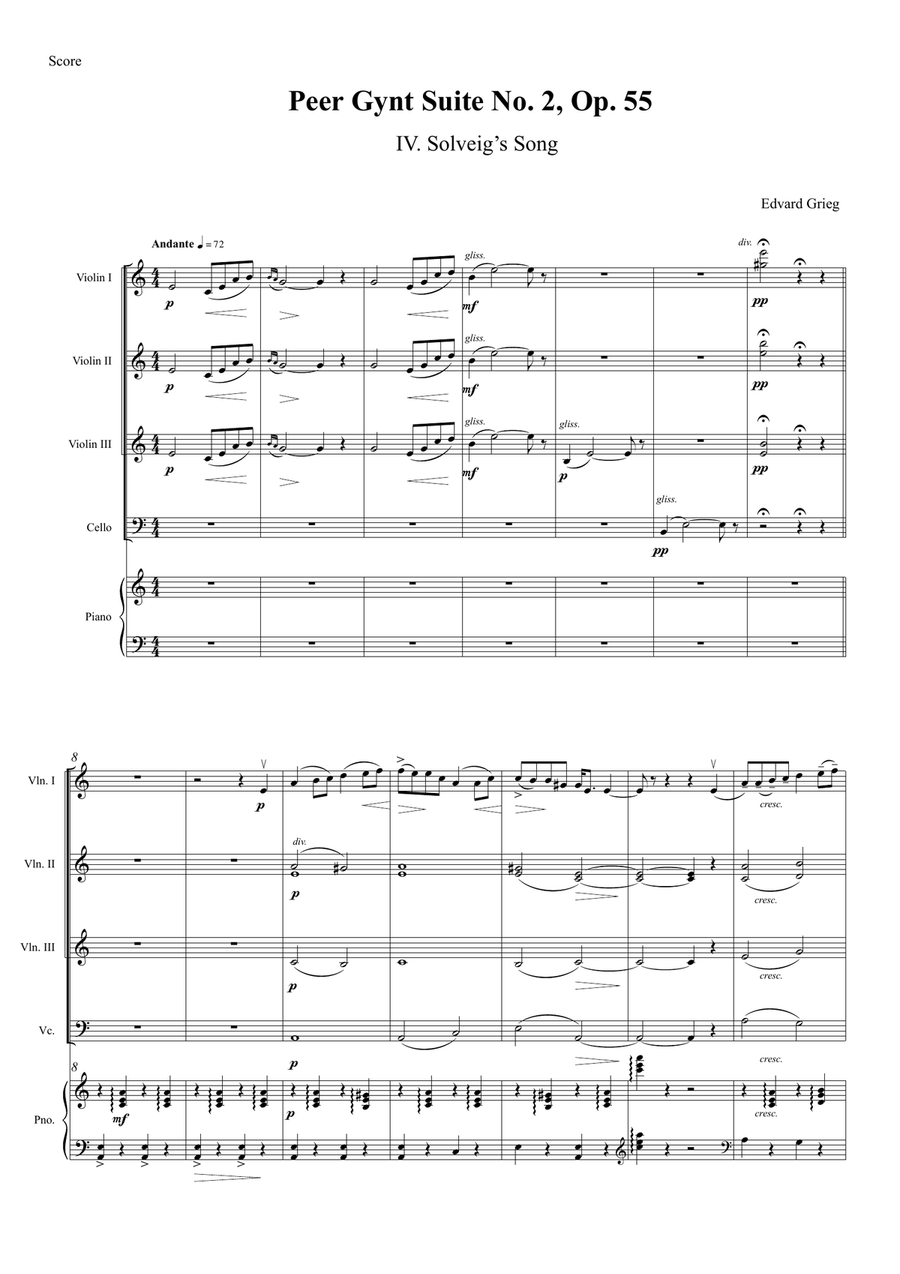 Solveig’s Song – Arrangement for Piano Quintet Piano Quintet scores gallery preview page 1