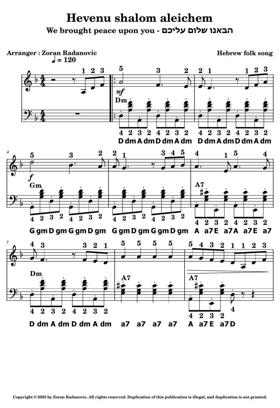 Hevenu shalom aleichem - We brought peace upon you - הבאנו שלום עליכם - for accordion Accordion scores gallery preview page 1