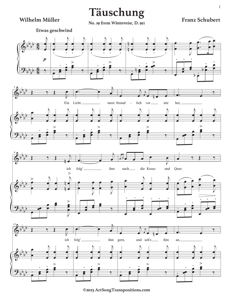 SCHUBERT: Täuschung, D. 911 no. 19 (transposed to A-flat major) Piano, Vocal scores gallery preview page 2