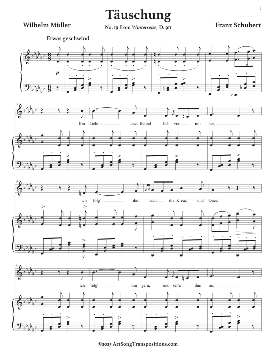 SCHUBERT: Täuschung, D. 911 no. 19 (transposed to G-flat major) Piano, Vocal scores gallery preview page 2